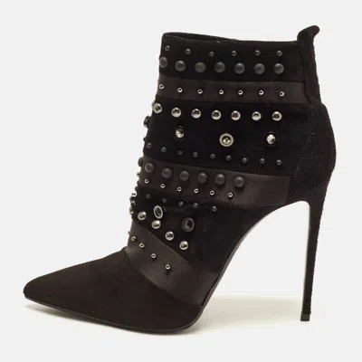 Pre-owned Le Silla Size 38.5 Black Suede Studded Embellished Ankle Length Boots