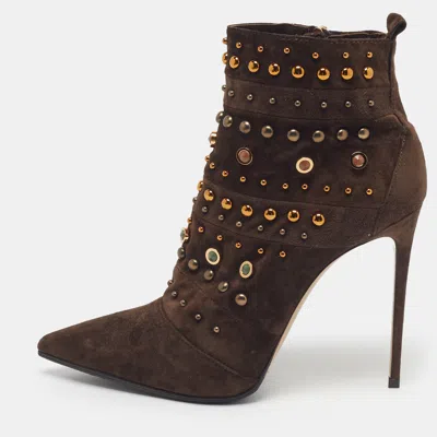 Pre-owned Le Silla Size 38.5 Brown Suede Embellished Ankle Length Boots
