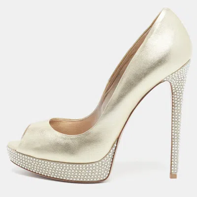 Pre-owned Le Silla Size 38.5 Gold Leather And Suede Crystal Embellished Platform Open Toe Pumps