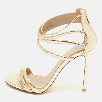 Pre-owned Le Silla Size 38.5 Gold Snakeskin Embossed Leather Ankle Strap Sandals