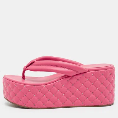 Pre-owned Le Silla Size 38.5 Pink Leather Studded Thong Wedge Sandals
