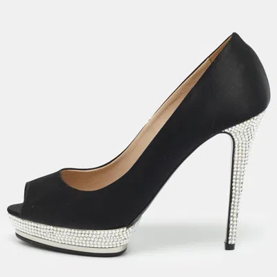 Pre-owned Le Silla Size 39 Black Satin Crystal Embellished Peep Toe Pumps