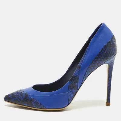 Pre-owned Le Silla Size 39 Blue/black Leather And Python Leather Pointed Toe Pumps