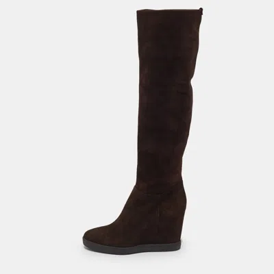 Pre-owned Le Silla Size 39 Brown Suede Wedge Knee Length Boots
