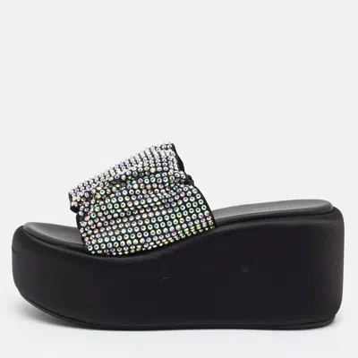 Pre-owned Le Silla Size 39.5 Black Crystals And Satin Wedge Sandals