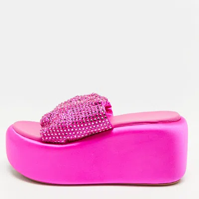 Pre-owned Le Silla Size 39.5 Pink Crystals And Satin Wedge Sandals