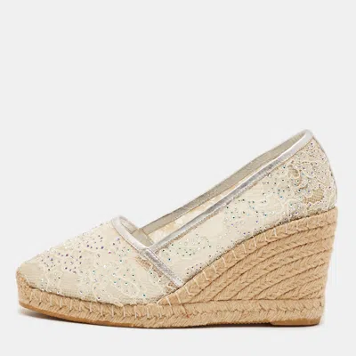 Pre-owned Le Silla Size 40 Beige Lace And Leather Espadrille Wedge Pumps In Sand