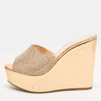 Pre-owned Le Silla Size 40 Gold Crystals And Python Embossed Leather Wedge Sandals