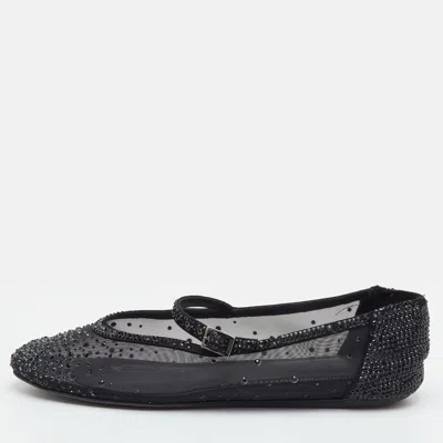 Pre-owned Le Silla Size 41 Black Mesh And Suede Crystal Embellished Mary Jane Ballet Flats