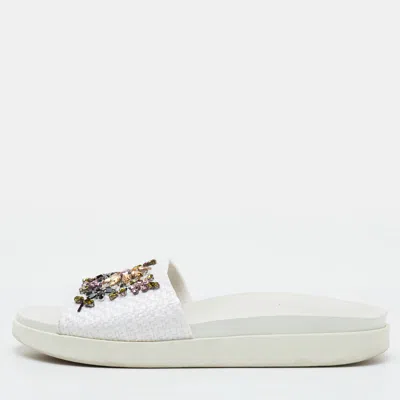 Pre-owned Le Silla Size 41 White Woven Straw Crystal Embellished Flat Slide Sandals