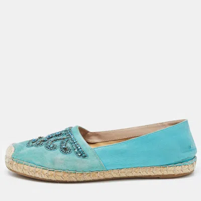 Le Silla Turquoise Suede And Leather Crystal Embellished Espadrille Flats In Blue