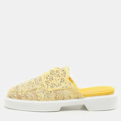 Pre-owned Le Silla Yellow Lace Crystals Embellished Yacht Mules Size 37