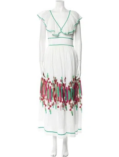 Pre-owned Le Sirenuse Positano Patterned Long Dress In White