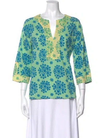 Pre-owned Le Sirenuse Positano Patterned V-neck Tunic In Green