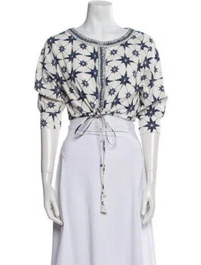 Pre-owned Le Sirenuse Positano Printed Bateau Neckline Crop Top In Blue