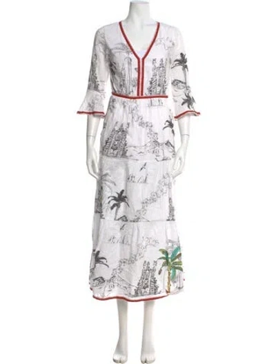 Pre-owned Le Sirenuse Positano Printed Long Dress In White