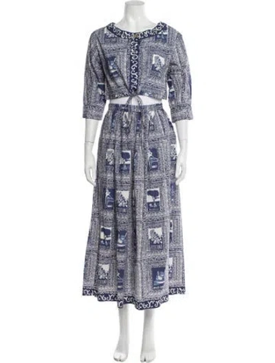 Pre-owned Le Sirenuse Positano Printed Pleated Accents Skirt Set In Blue