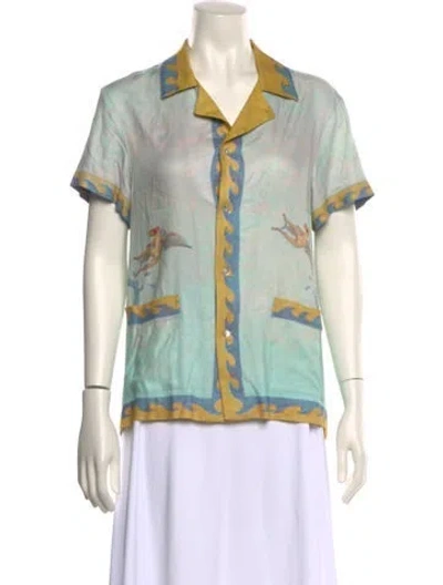 Pre-owned Le Sirenuse Positano Printed Short Sleeve Button-up Top In Green