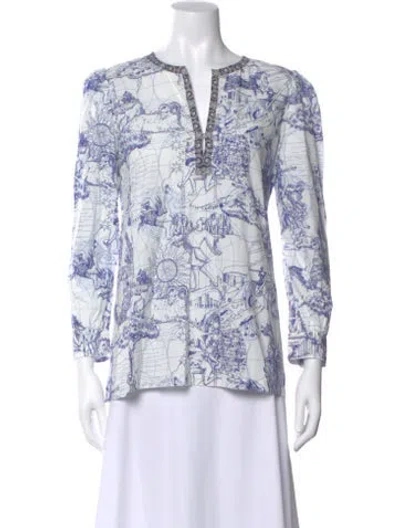Pre-owned Le Sirenuse Positano Printed V-neck Blouse In White
