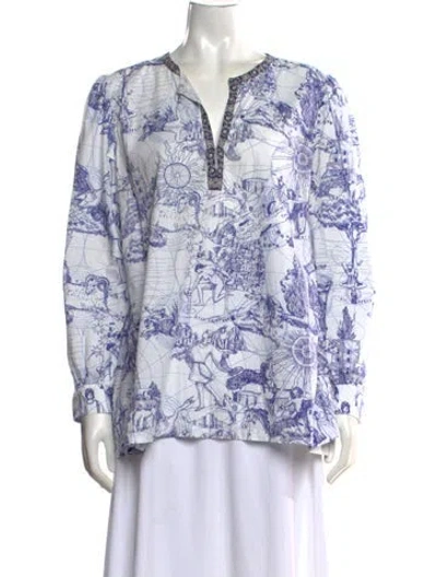Pre-owned Le Sirenuse Positano Printed V-neck Blouse In White