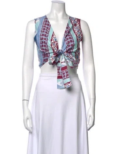 Pre-owned Le Sirenuse Positano Printed V-neck Crop Top In Blue