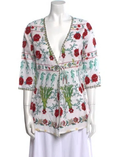 Pre-owned Le Sirenuse Positano Printed V-neck Tunic In White