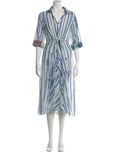 Pre-owned Le Sirenuse Positano Striped Midi Length Dress In White