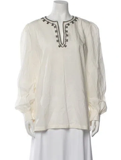Pre-owned Le Sirenuse Positano V-neck Long Sleeve Blouse In White