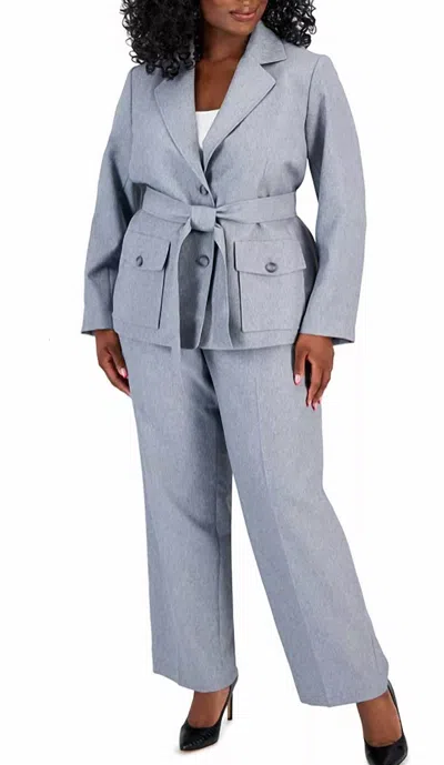 Le Suit Belted Safari Jacket Pantsuit Set - Plus In Light Blue