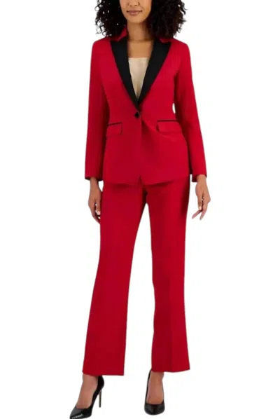 Le Suit Contrasting Lapel Blazer And Straight-leg Trouser Set In Cherry Black In Red