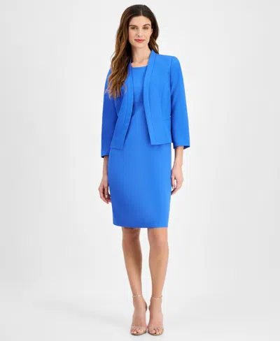 Le Suit Women's Crepe Open Front Jacket & Crewneck Sheath Dress Suit, Regular & Petite In Cornflower