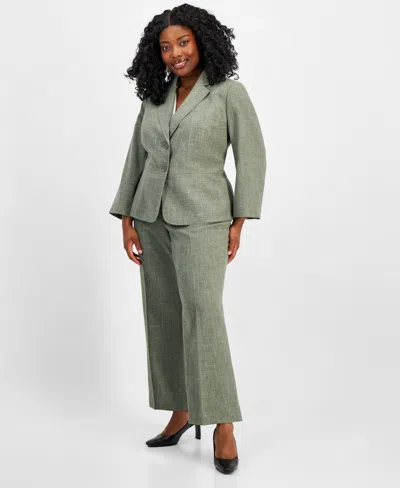 Le Suit Le Sui Plus Size Two Button Jacket & Extended-tab Pantsuit In Hunter Multi