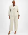 Le Suit Le Sui Plus Size Two Button Jacket & Extended-tab Pantsuit In Tan Multi