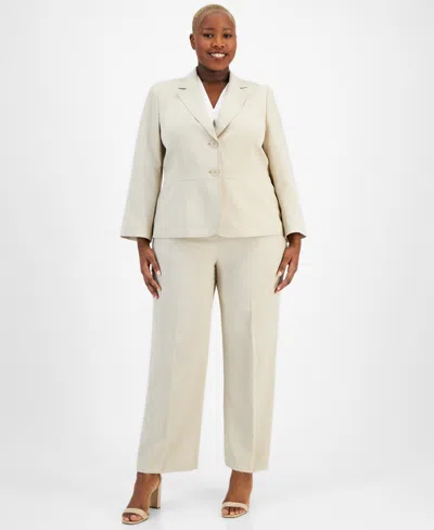 Le Suit Le Sui Plus Size Two Button Jacket & Extended-tab Pantsuit In Tan Multi