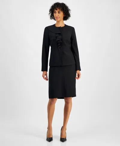 Le Suit Petite Cascade Ruffle Skirt Suit In Black