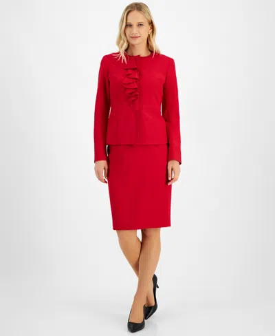 Le Suit Petite Cascade Ruffle Skirt Suit In Cherry
