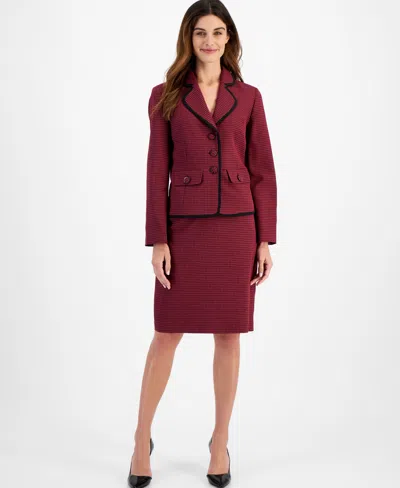 Le Suit Petite Contrast Trim Printed Skirt Suit In Bordeaux Multi