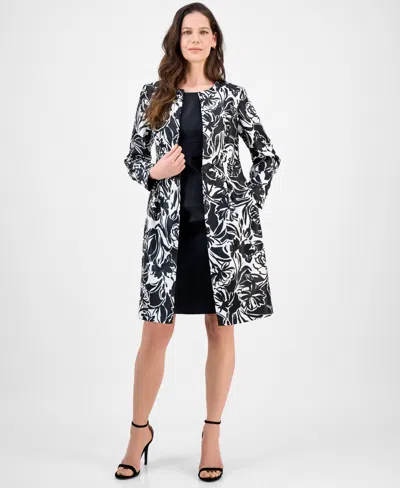 Le Suit Petite Floral-print Jewel-neck Jacket Topper & Empire Seamed Dress In Black