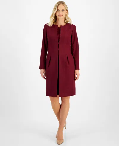 Le Suit Petite Long Collarless Jacket Dress Suit In Bordeaux,black