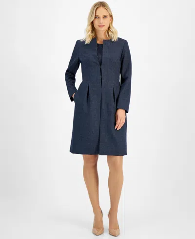 Le Suit Petite Long Collarless Jacket Dress Suit In Navy,white