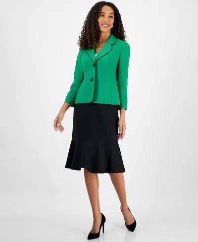 Le Suit Petite Piped Notch-collar Two-button Jacket & Midi Flounce-hem Skirt Set In Green