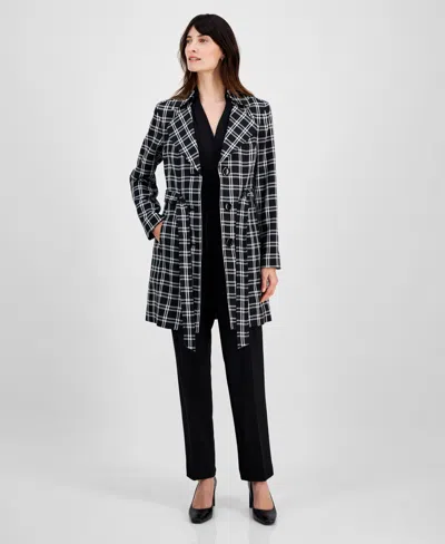 Le Suit Petite Plaid Belted Trench Suit In Black,vanilla Ice