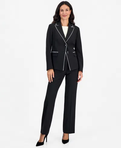 Le Suit Petite Two-button Peak-collar Contrast-piping Pant Suit, 2-piece In Black