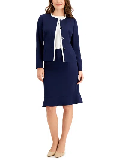 Le Suit Petites Womens Contrast Trim Business Collarless Blazer In Blue