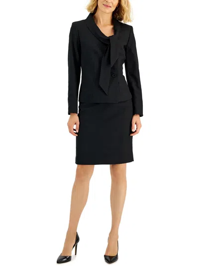 Le Suit Petites Womens Tie Collar Business Skirt Suit In Black