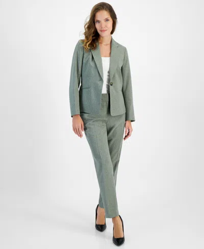Le Suit Pinstripe One-button Jacket & Slim-fit Pantsuit, Petite & Regular In Hunter,vanilla