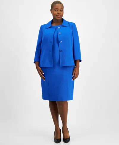 Le Suit Plus Size Button-front Boxy Jacket & Sheath Dress Set In Blue