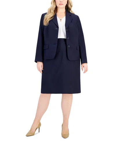 Le Suit Plus Size Button-front Pencil Skirt Suit In Navy
