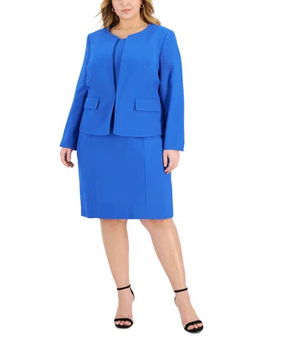 Le Suit Plus Size Cardigan Jacket & Sheath Dress In Cabana Blue