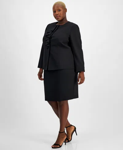 Le Suit Plus Size Cascade Ruffle Skirt Suit In Black